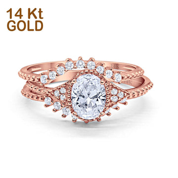 14K Rose Gold Three Piece Art Deco Bridal Set Band Oval Engagement Wedding Ring Simulated CZ Size-7
